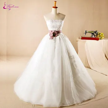

Waulizane Off The Shoulder Strapless Ball Gown Wedding Dresses Floor-Length Appliques Lace Up Bow Sashes Princess Bridal Gowns