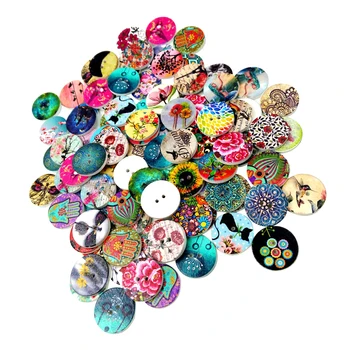 

100 Pieces 2 Holes Mixed Printing Round Pattern Wood Buttons Scrapbooking 20mm