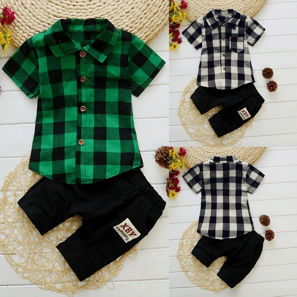 SZYADEOU/летняя Клетчатая футболка для маленьких мальчиков Топ+ шорты, штаны комплект одежды из 2 предметов, jongens шорты для малышей L4
