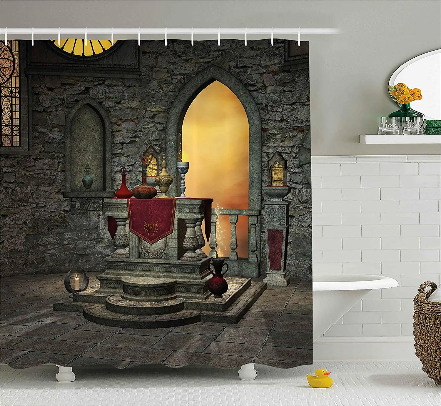 

Gothic Shower Curtain Ancient Altar Table in Castle Baroque Era Inspired Alchemy Wizard Design Fabric Bathroom Decor with Hooks
