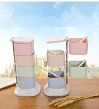 1PC Rotating Jars Wheat Straw Seasoning Jar 4 Grid Rotary Boxes Kitchen Stackable Food Container Spice Box with Spoons OK 0539