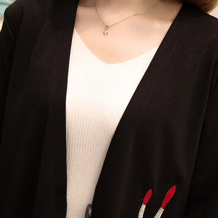 XL-5XL большого размера плюс кардиган Женская одежда зима-осень стильная футболка с изображением персонажей видеоигр вышивка с длинным рукавом Свободные Повседневное длинное пальто черного цвета