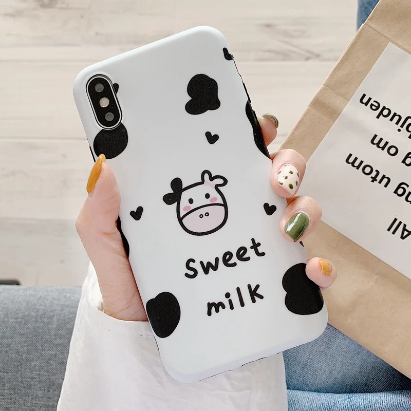

Matte Frosted TPU Phone Case For iPhone 6 6S 7 8 Plus for iPhone Xs Max XR X XS Soft White Cover Sweet Milk Cow Cartoon Case