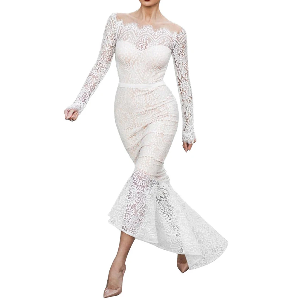 

Sexy Slash Neck Lace Patchwork Bodycon Fishtail Dress Off The Shoulder Mermaid Dress Lace Slim Club Party White Dresses WDC2318