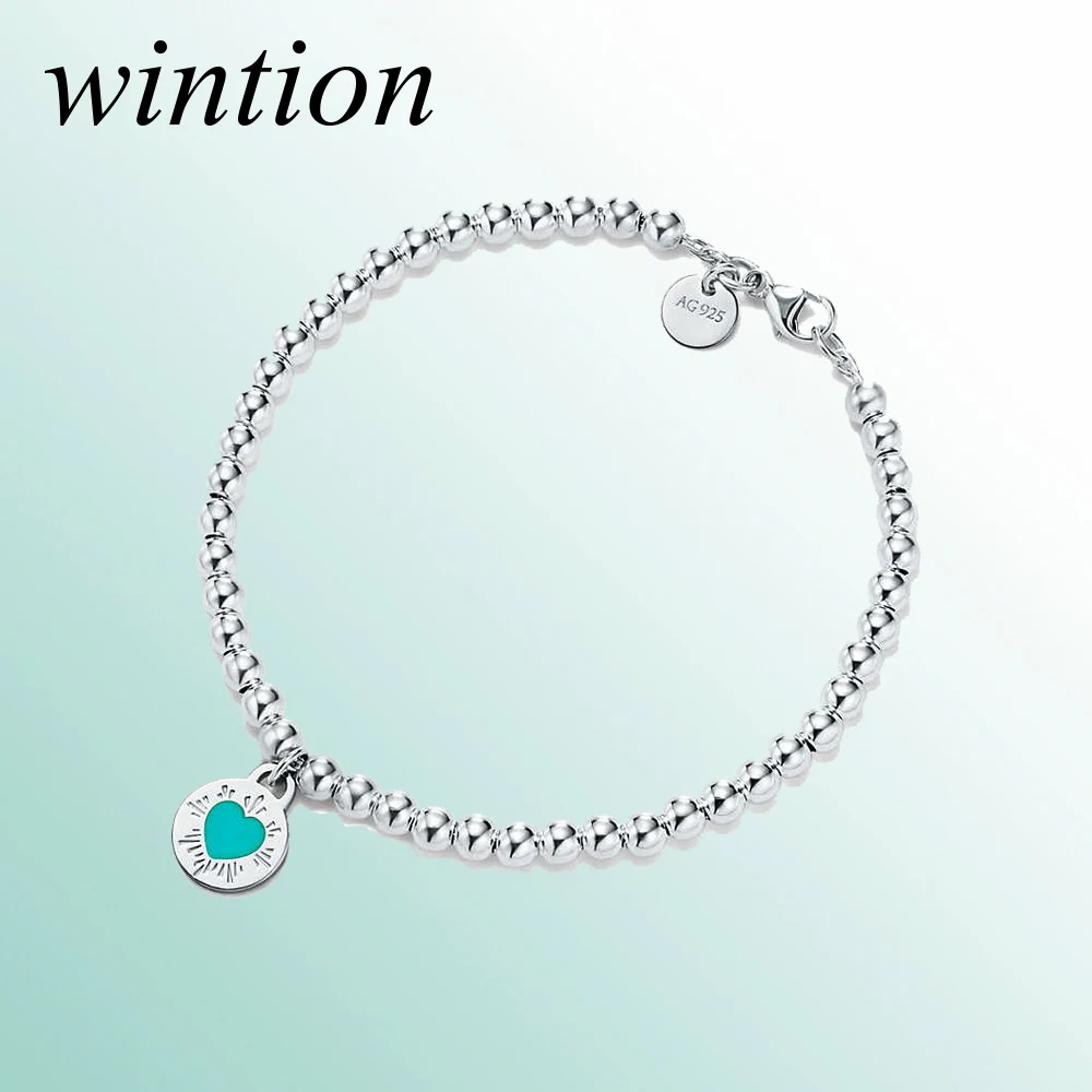

Wintion tiff blue round bead bracelet original 100% 925 sterling silver women's jewelry fashion high-end free shipping has logo