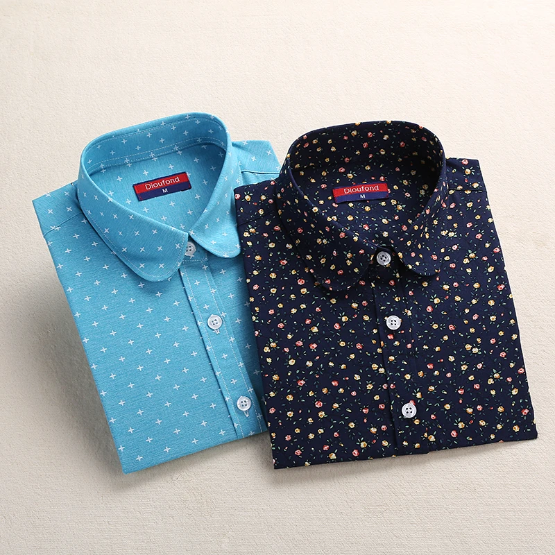 

Dioufond Blue Navy Print Blouse Long Sleeve Sun flower Shirt Women Cotton Blouse Shirt Turn Down Collar Tops Spring 2018 New