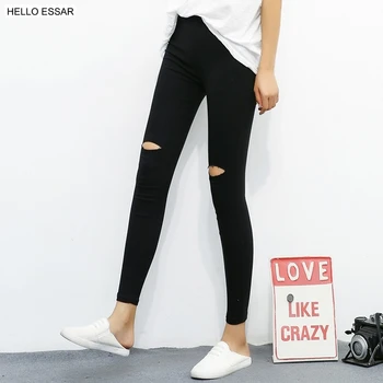 

Autumn broken holes women leggings Korean version fashion outer wear Show thin Solid color thin elastic pencil leggings L1057