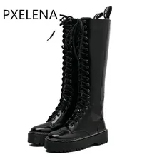 PXELENA сапоги до колена на шнуровке в стиле ретро; женская обувь; сапоги для верховой езды на толстой платформе в стиле панк-рок, готика, милитари