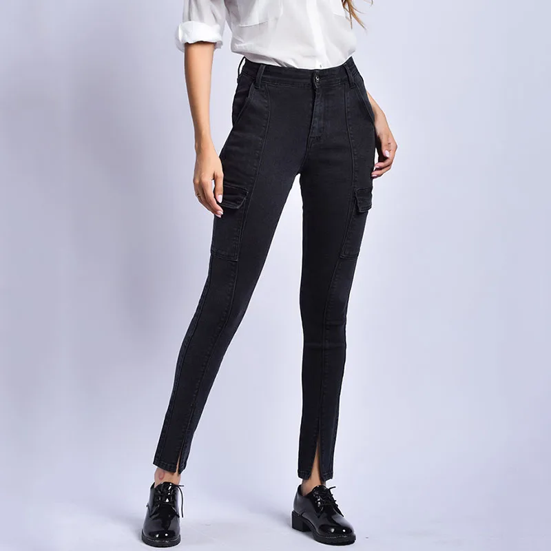 Plus Size Fashion Women High Waist Pants Stretch Black Denim Jeans Womens Vintage Skinny Casual Jeans Trousers Slit Leg Pants - Цвет: Black