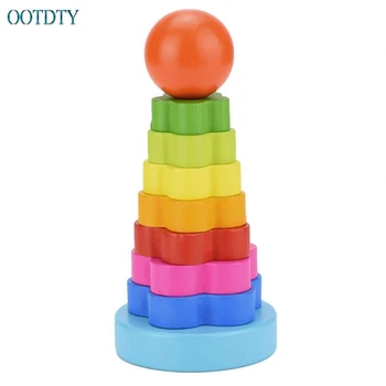 

2018 Baby Kid Education Wooden Toy Stacking Nest Learning Stack Up Rainbow Tower Ring #330