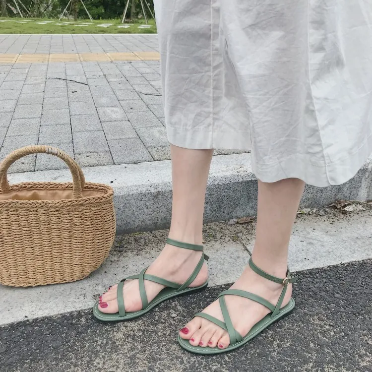 Beige Heeled Sandals Flat Summer Shoes Woman Strappy Heels All-Match Slippers Cross Crocs-shoes 2019 Women's Black Flower Lace