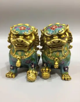 

Pair 5''bronze copper gold cloisonne enamel flower treasure foo dogs lion statue