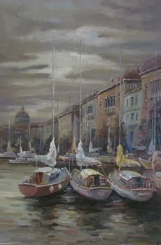

Dream-art High Quality Stretched Canvas ~Sailboats in Harbor#100% hand painted #Oil painting on Canvas #free shipping