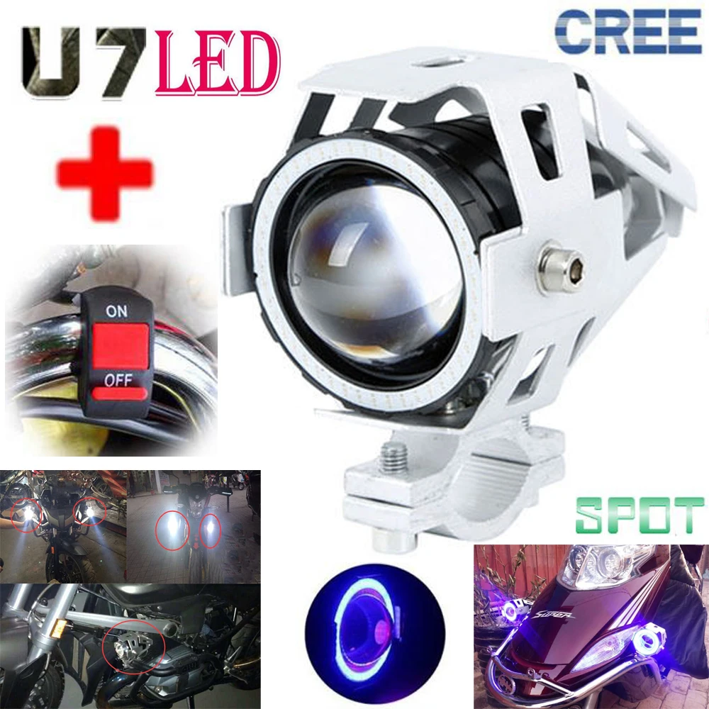 

Silver Waterproof Super Bright 125W 3000LM Spotlight Motorcycle Fog Light LED Headlight Driving Spot Lamp W/ Angel Eyes + Switch