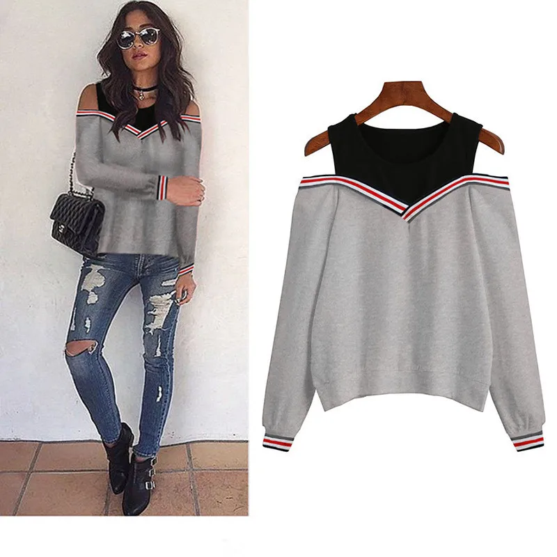 

Sexy Off Shoulder T Shirt Women 2019 Autumn Casual Long Sleeve Striped Patchwork T-shirt O Neck Fake Two Pieces Top Tee