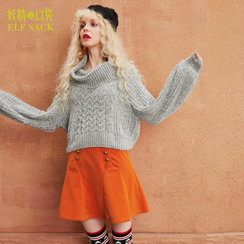 

ELF SACK Vintage A-line Skirts Women Cashmere Fabric Double Row Metal Buttons Sexy Ladies Short Skirts Female All-Match Skirt