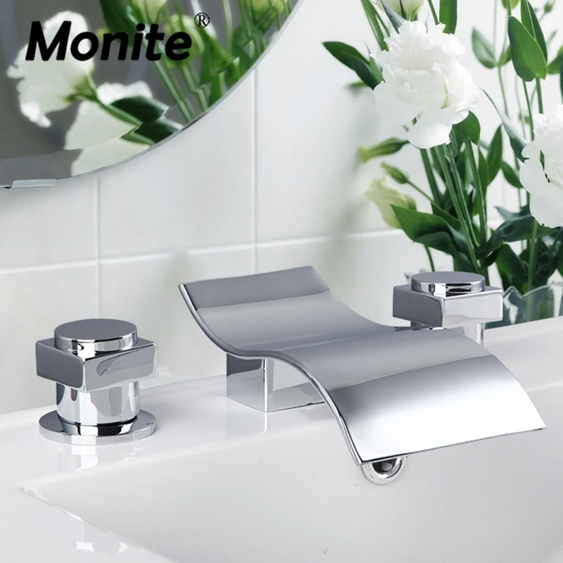 Waterfall Spout Bathroom Faucet Double Handle 3 Hole Vanity Sink Mixer Tap Deck Mounted Polish