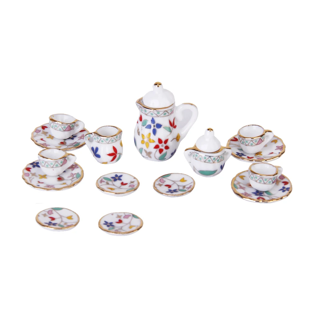 15 Pieces Dollhouse Miniature Porcelain Tea Set for 1/12 Doll House Accessories Flowers Printed Mini Dining Ware 