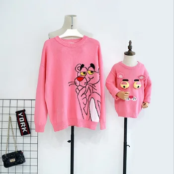 

Family Christmas Sweaters Pajamas Pink Panther Head Knitted Mother and Daughter Clothes Family Clothing Autumn Winter Sweaters