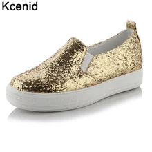 Kcenid горячий толстым дном Серебро Золото обувь для женщин с круглым носком блестящие Лоферы Большие размеры 33-44 женская обувь на плоской платформе