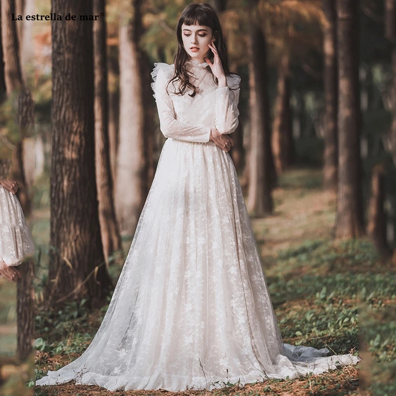 

Abiti da sposa2021 new high neck lace long sleeve A Line ivory boho wedding dress trailing brautkleid retro robe de mariee