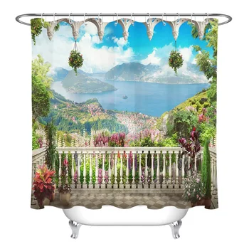

Balcony with Views of the Mountains & the Sea Shower Curtain Flowers of Lupine Arch Bathroom Waterproof Fabric For Bathtub Decor