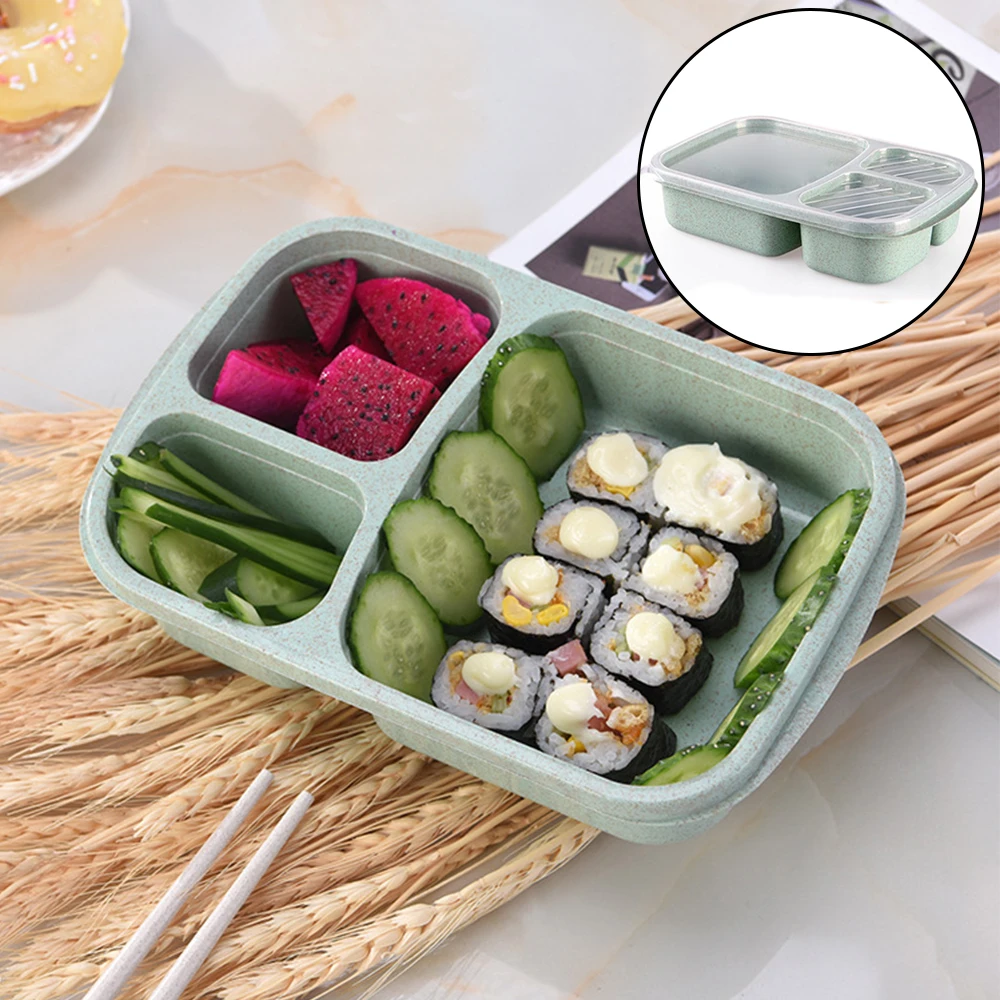 

3 Grid Wheat Straw Bento Box With Lid Microwave Food Box Biodegradable Storage Container Lunch Bento Boxes Dinnerware Set