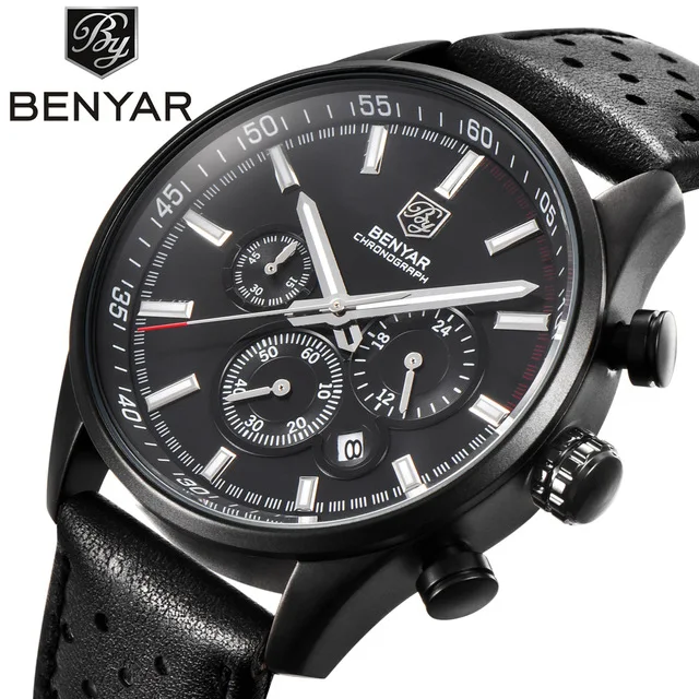 

BENYAR Top Luxury Brand Men Watch Leisure business Sport Chronograph Waterproof Genuine Leather Quartz Watches clock