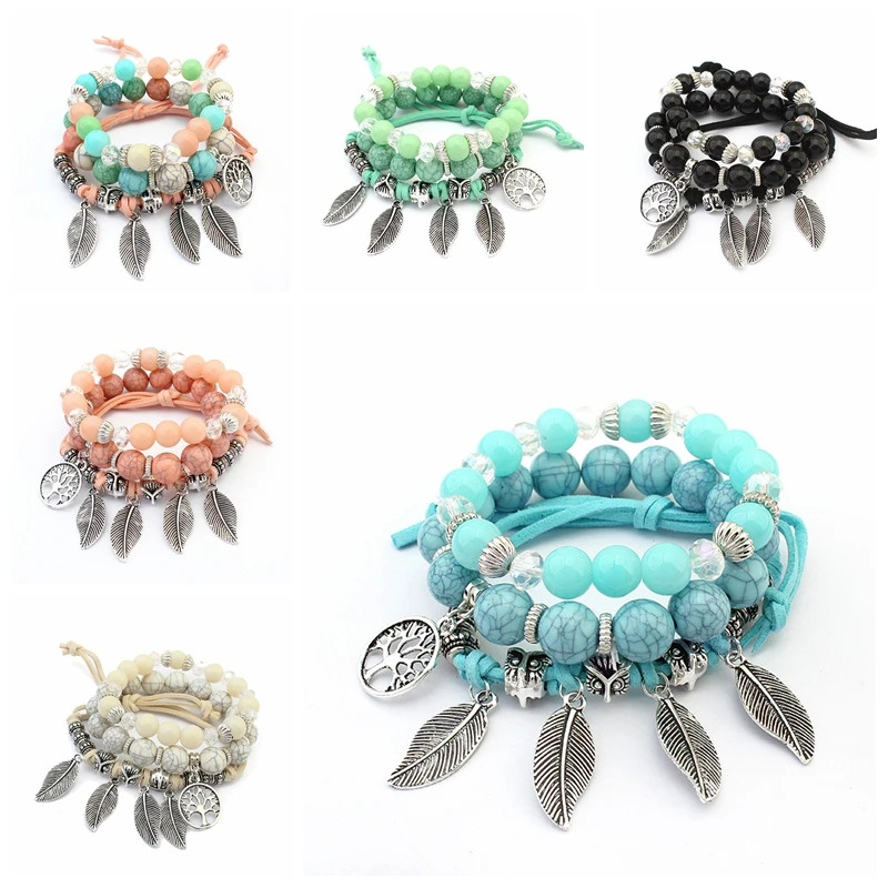 Natural Pattern bead Bracelet Multiple circles DIY Colorful Stone pattern crystal Bead Silver leaf Owl 3D carve Jewelry gifts | Украшения и