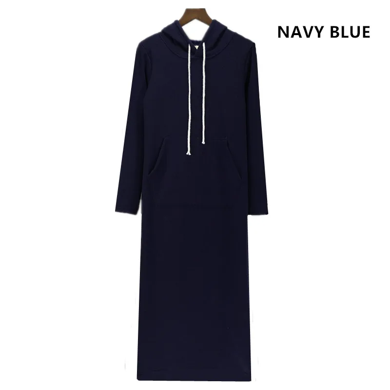 Женская Осенняя зимняя флисовая толстовка с капюшоном, толстовка с карманом, Повседневное платье с длинным рукавом, размера плюс S-5XL 6XL, весеннее платье черного цвета - Цвет: Navy Blue