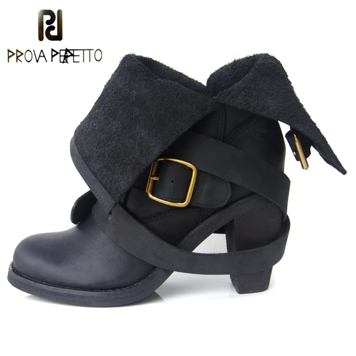 Prova Perfetto Retro Belt Buckle Short Boots Chunky Heel Round Toe Soft Leather Fashion Motorcycle Boots Cowboy New Boots