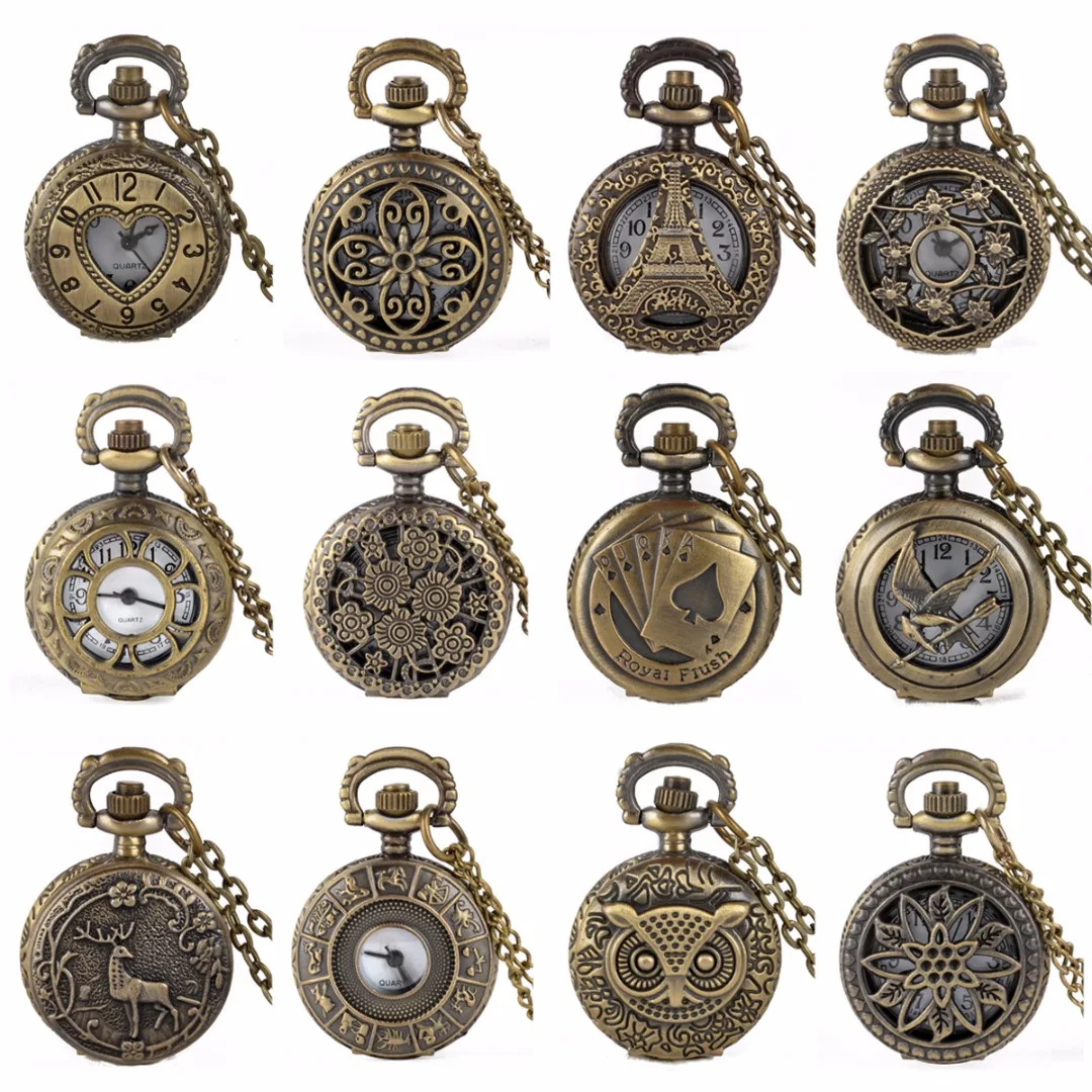 

15 Styles Retro Pocket Watch Waterproof Vintage Antique Bronze Womens Mens Pocket Chain Necklace Quartz Watch