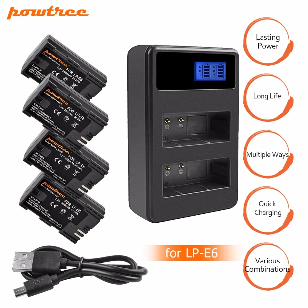 

4X LP-E6 LPE6 LP E6 Rechargeable Camera Battery+Dual Charger with LED for Canon 5D Mark II Mark III EOS 6D 7D 60D 70D 80D L10