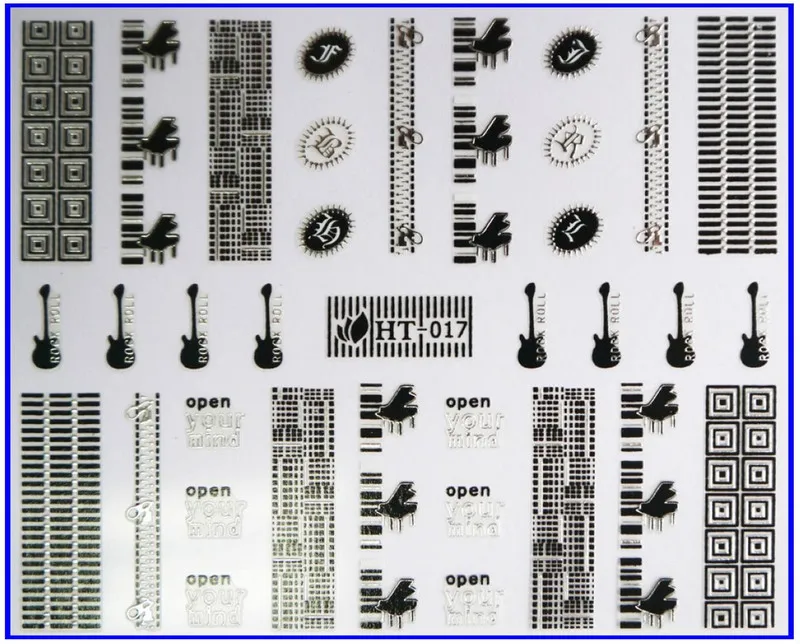 1х самоклеющиеся черные, белые, золотые, серебряные металлические наклейки для дизайна ногтей, слайдер, кружевная шахматная доска, цепочка, гитара, пианино, HT16-18 - Цвет: HT017 BLACK SILVER