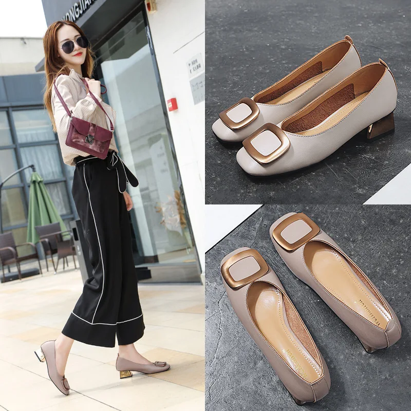 

European Luxury Brand Women High Heels Metal Square Buckle Pumps Leather Shoes Woman Gold Heels Grandma Loafers OL Dress Shoes
