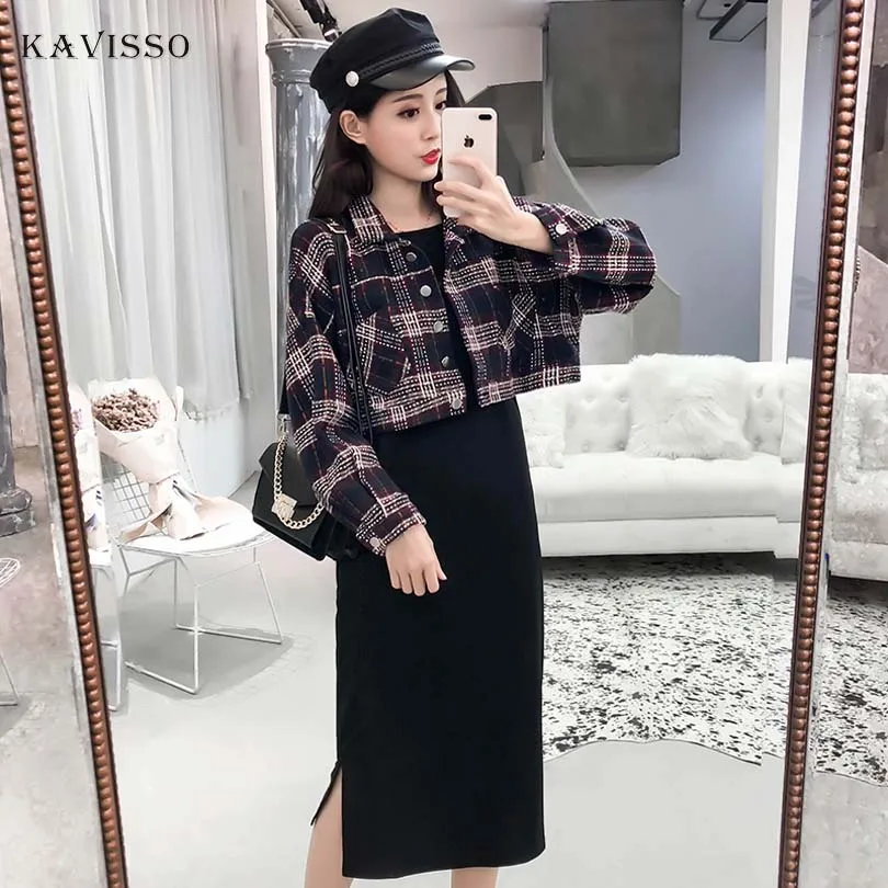 

KAVISSO Fashion Lady Clothes Set Autumn Winter Short Jacket Coat and Sling Dress Set Women 2 Piece Set 2018 Cool Streetwear
