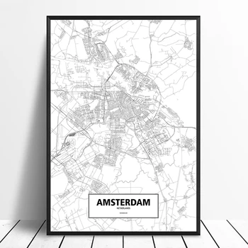 

Amsterdam, Netherlands Black White Custom World City Map Poster Canvas Print Nordic Style Wall Art Home Decor