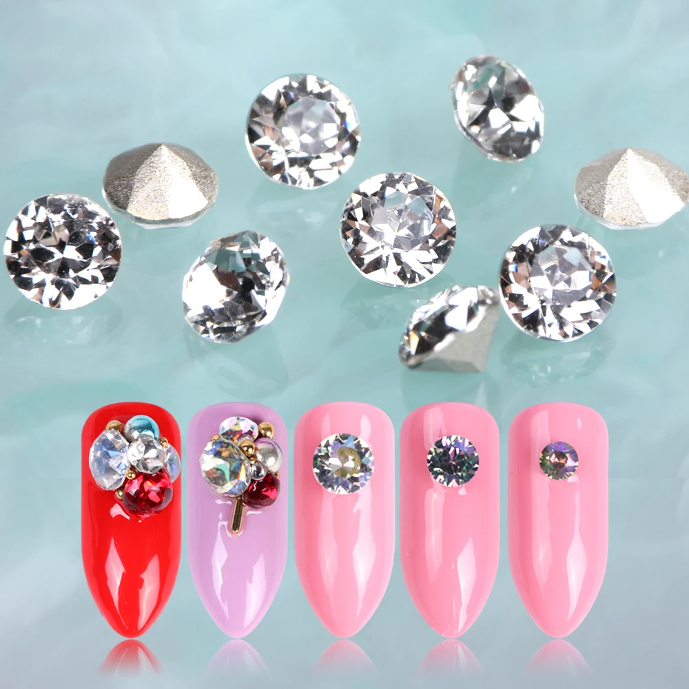 

10pcs Rhinestones for Nail 3D Charms Crystal Round Diamond Nail Art Decorations Gold Sharp Base Gems Nails Accessories BE990