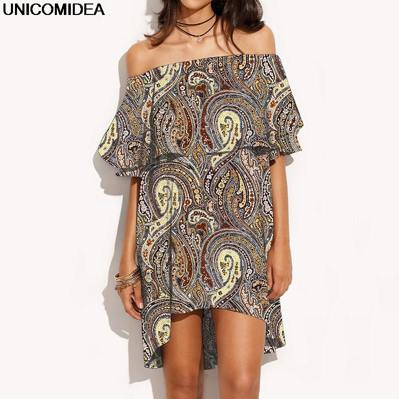 

Women Ruffles Summer Boho Dress Robe Sexy Off Shoulder Slash Neck Casual Dress Vintage Floral Print Short Women Loose Dress XXL