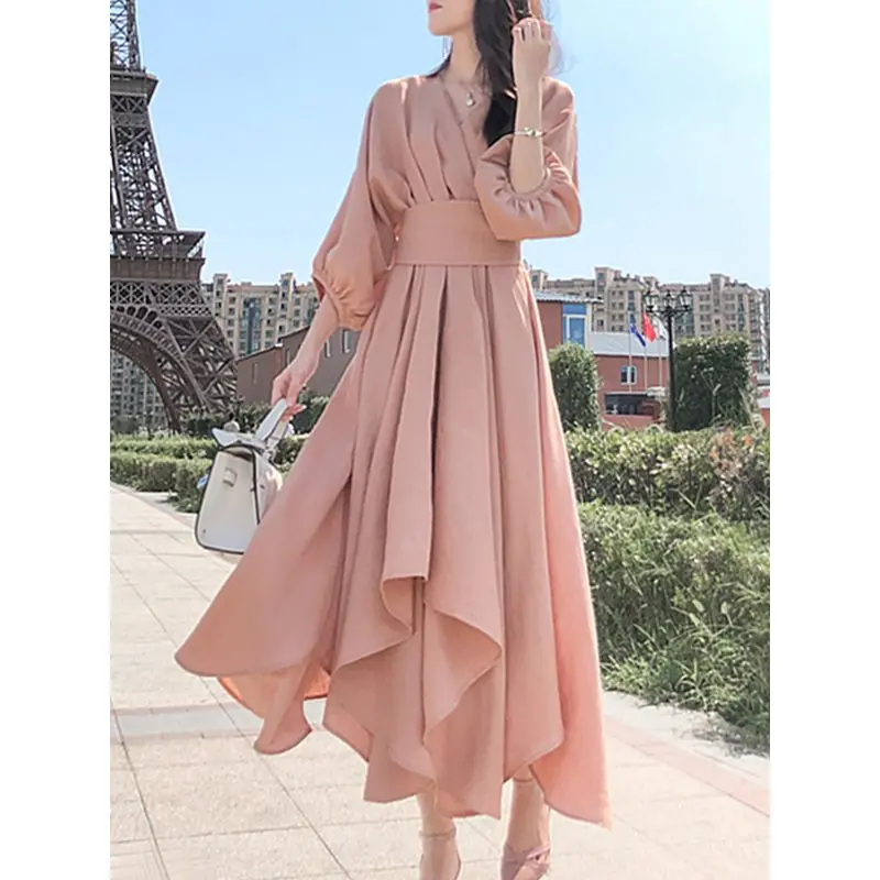 

Korean Style Autumn Office Ladies Pink Sweet Women Long Dresses High Waist Plain Lace Up Vintage Female Chic Fall Maxi Dress