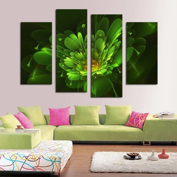 

2016 Hot Sell 4 panel Bright-Green Flower Large HD Picture Modern Home Wall Decor Canvas Print Painting For House Decorate