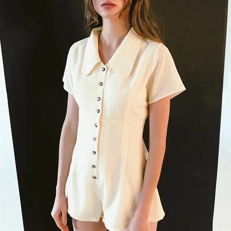 

2019 Women Casual Striped Romper Streetwear Turndown Collar Overalls Button Wide Leg Playsuit