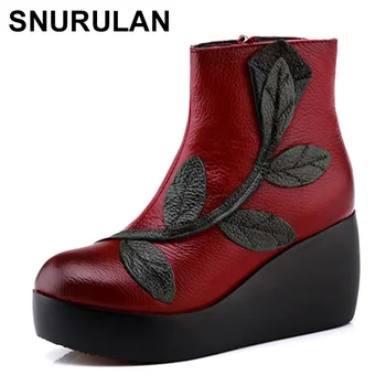 

SNURULAN Handmade Wedges Genuine Leather Boots Folk Style High-heeled Soft Bottom Women Shoes Woman Vintage Warm Winter Boots