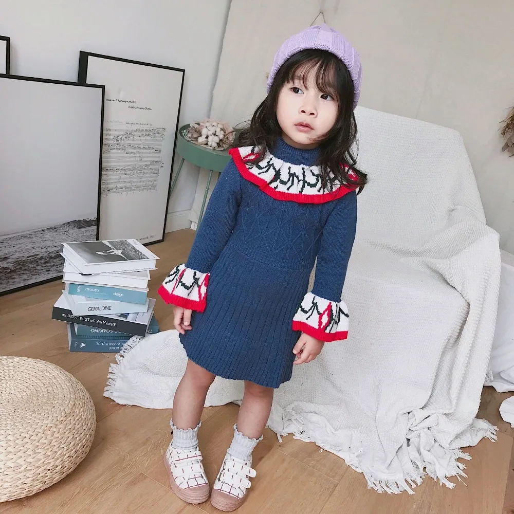 

New 2018 Girls knitted Sweater Dress Autumn Winter Children Clothing Ruffles Collar Crochet Kids Girl Clothes Dresses