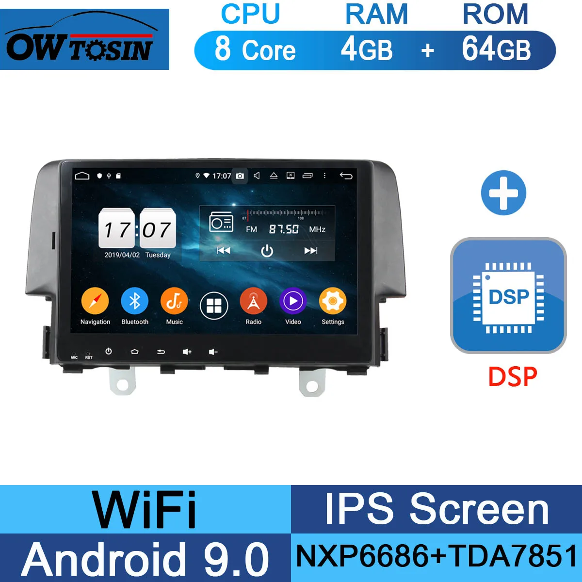 " ips Android 9,0 Восьмиядерный 4G ram+ 64G rom автомобильный dvd-радиоплеер gps для Honda Civic DSP CarPlay Parrot BT стерео - Цвет: 64G DSP