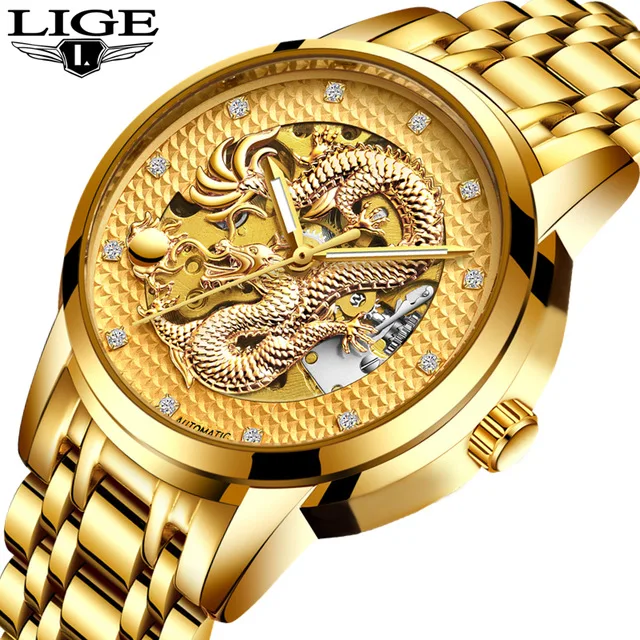 

2018 Mens Watch Dragon Skeleton Automatic Mechanical Watches Men's Waterproof Wrist Watch Stainless Steel Strap Gold Male Clock