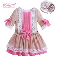 Fashion Lolita Style Cotton Half Sleeve Girl Princess Dresses With Headwear Boutique Pink Bowknot Kids Clothes