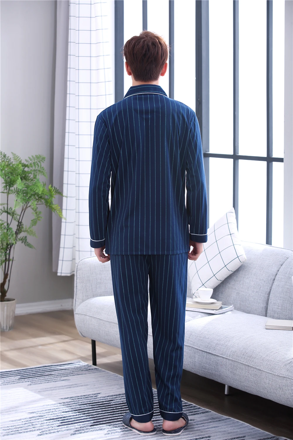 2019 Spring Men's Long Sleeve Cotton Pyjamas Sleepwear Male Stripe Lounge Pajama Sets Plus size Nightwear 3XL