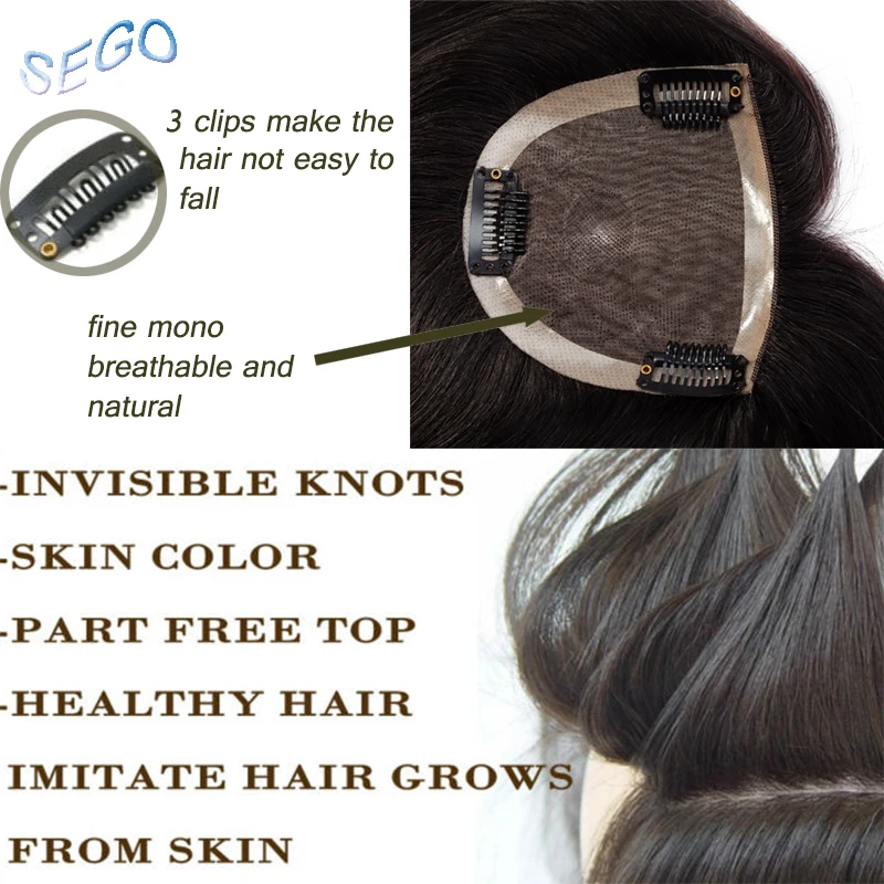 SEGO 6 Inches 10*10 Fine Mono Straight Hair Topper Toupee For Women Off Black 3 Clips in Human Hair Pieces Non-Remy Hair 30g SEGO 6 Inches 10*10 Fine Mono Straight Hair Topper Toupee For Women Off Black 3 Clips in Human Hair Pieces Non-Remy Hair 30g