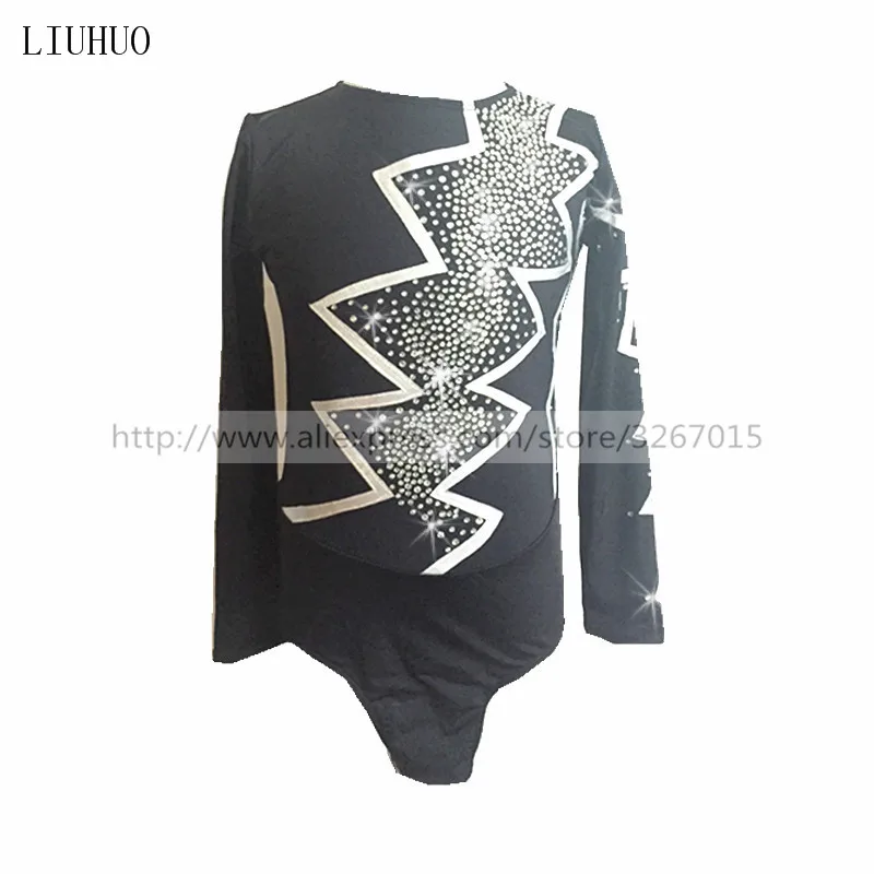 

Boys men figure skating costumes TopsFigure skating show clothing Round neck long sleeve black White stripe pattern Rhinestone